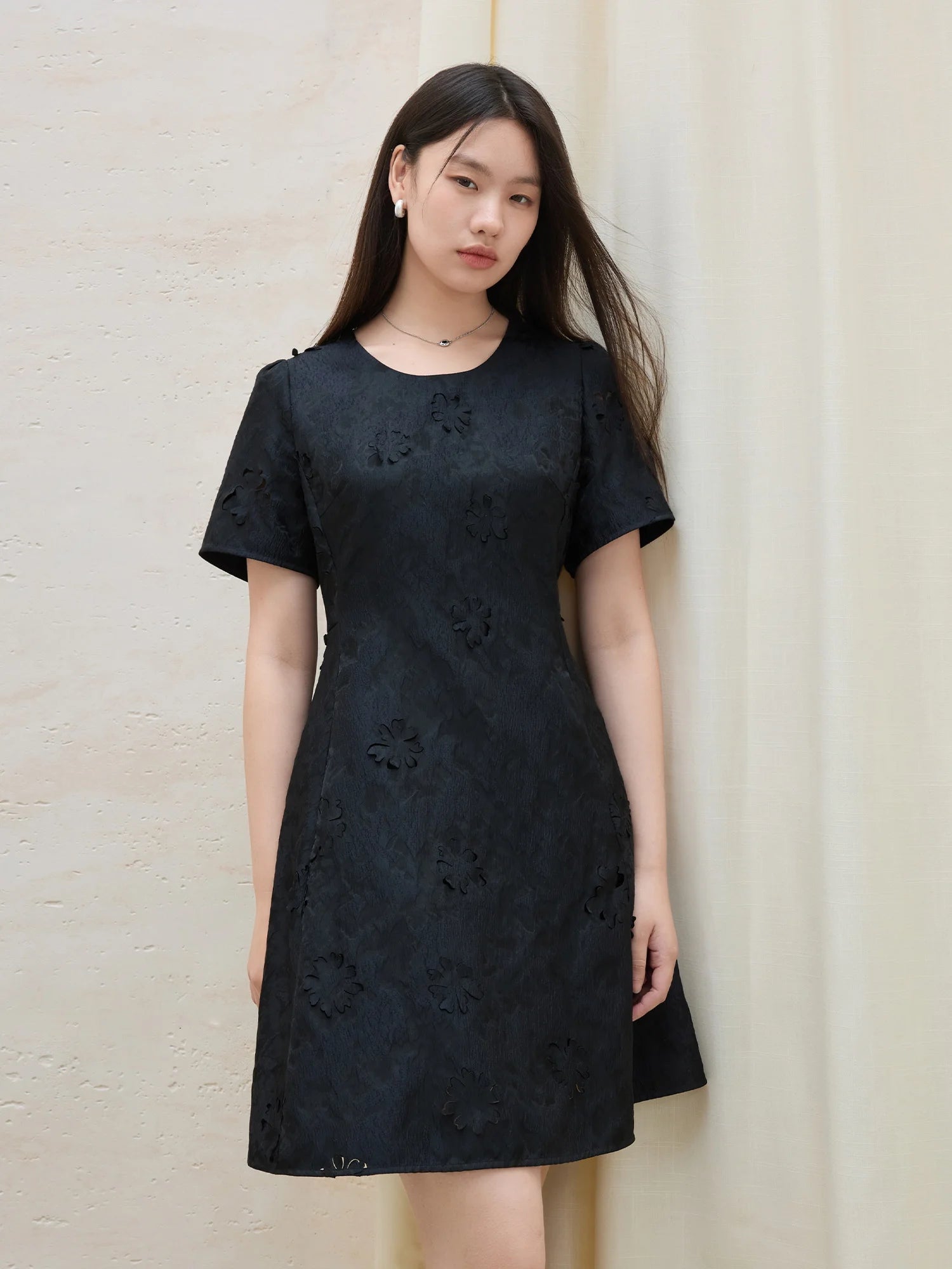 DUSHU 2025 Summer Women's Textured Floral Shift Dress - Midnight Tone & Curvy Silhouette for Office Chic Elegance 25DS82284