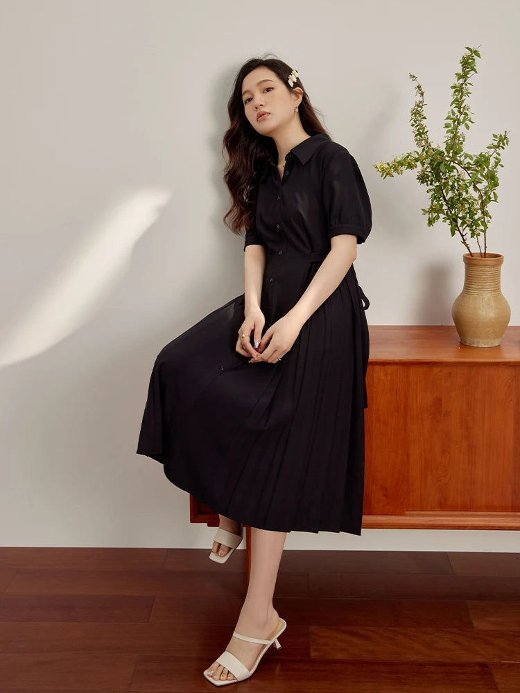 DUSHU Temperament Commuter Tie Waist Shirt Dress for Women Summer New Office Lady Necessary Solid Color Long Shirt Dress Female