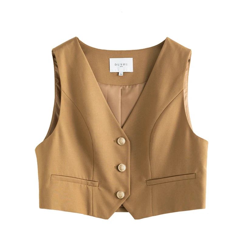 DUSHU Preppy Style Detachable Tie Shirt Vest Two-piece Set for Women Spring New Navy Blue and Khaki Color Shirt + Vest Female