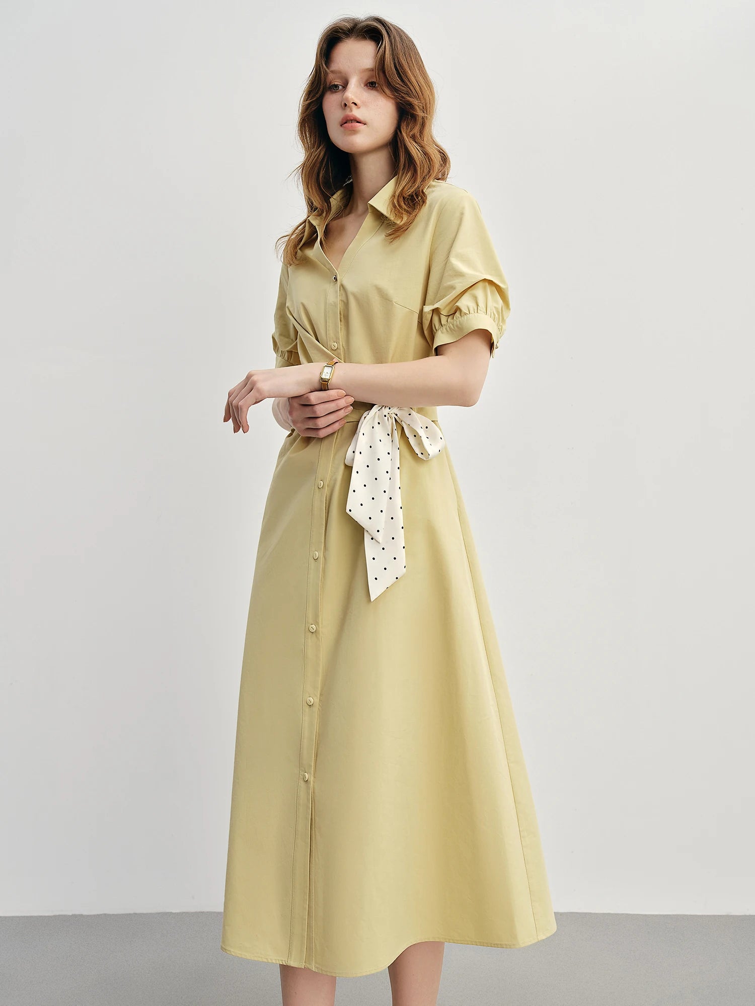 DUSHU Women's Daily Commuting Tie Shirt Dress 2025 New High Waist Slimming A-line V-neck Long Dress with Ribbon 25DS82970