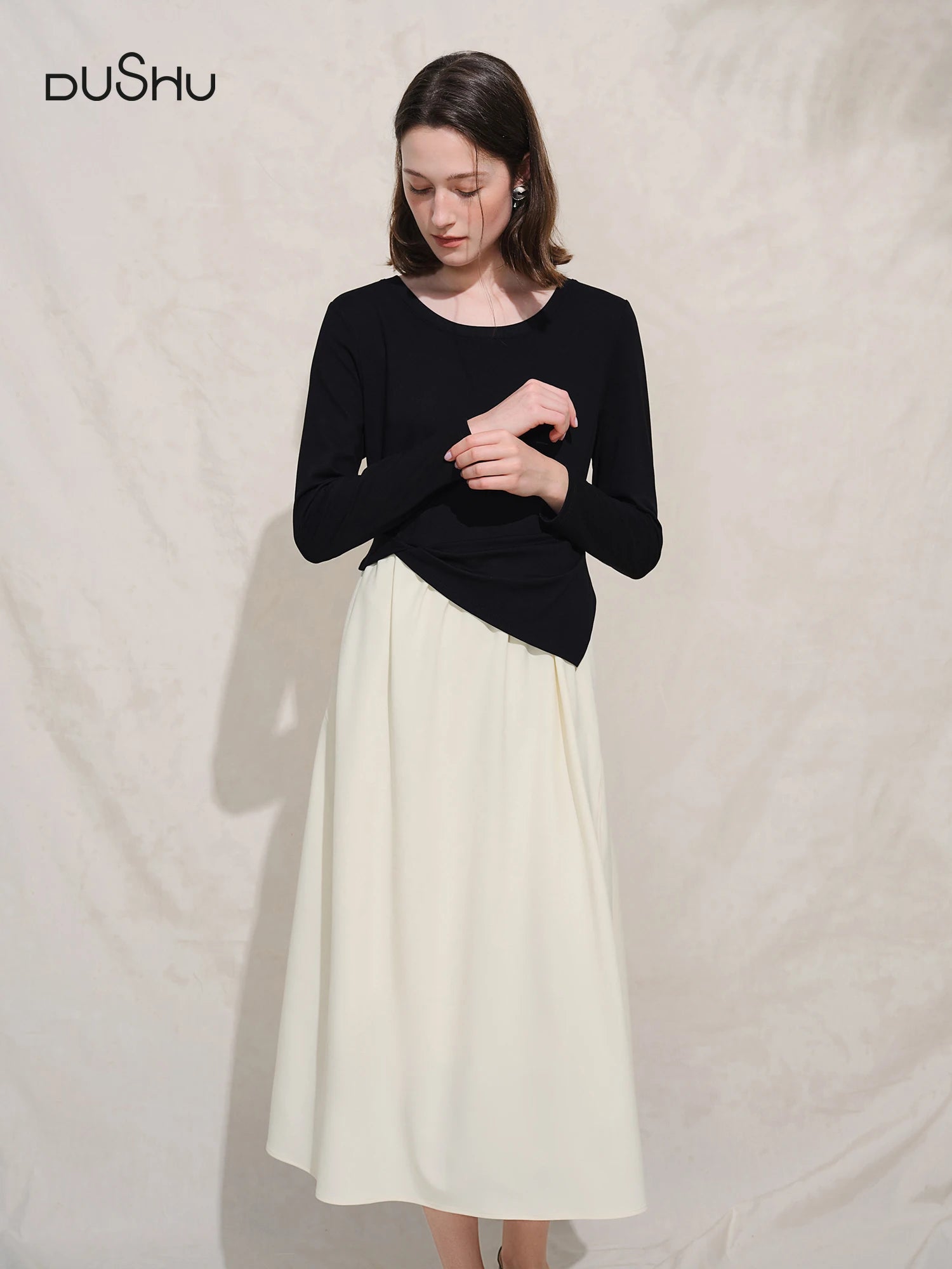 DUSHU Autumn 2025 Women's French Style Color Block Dress - Contrast Panel Shift Workwear Midi Skirt with Flattering Fit