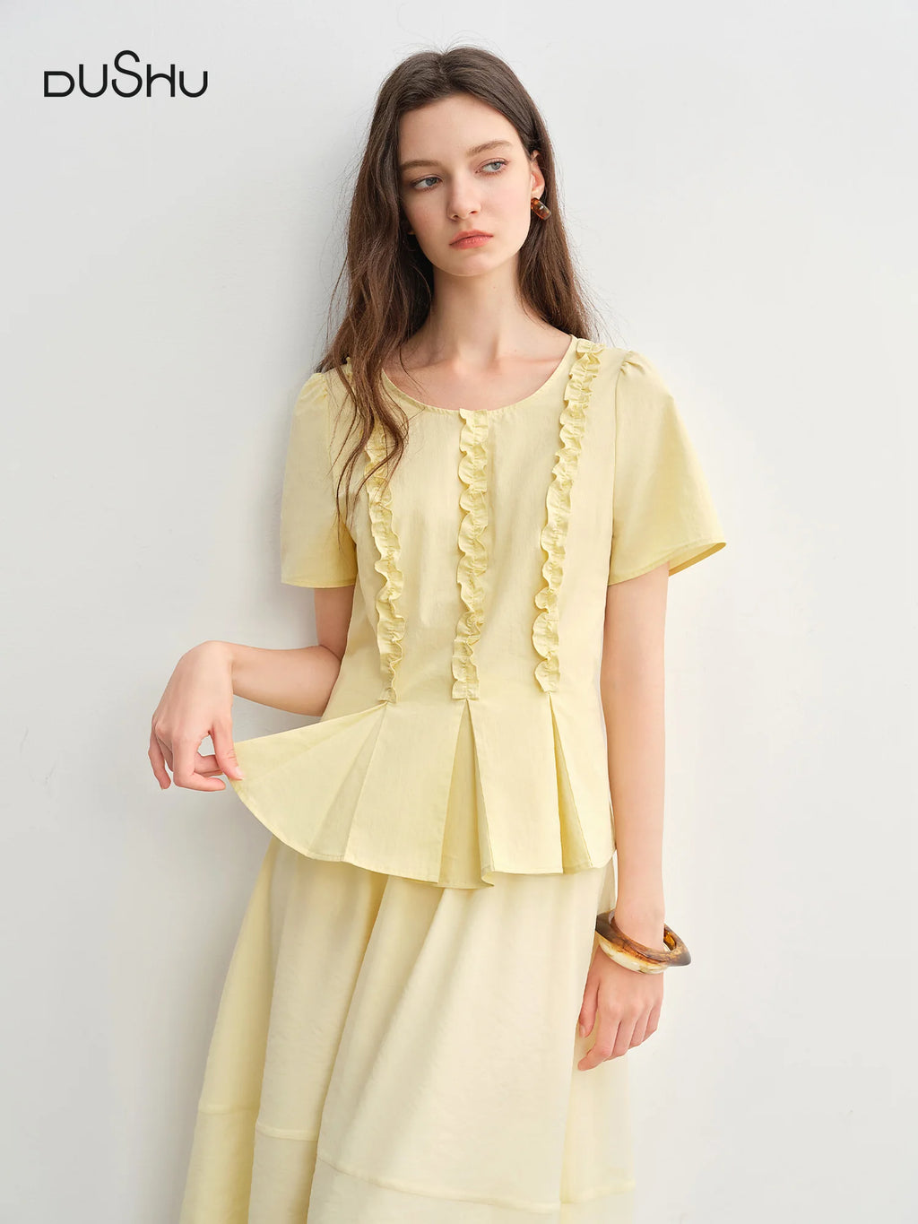 DUSHU Plus Size Women Sweet Youthful 2025 New Model Pleated Waist-Defining Slimming Round Neck Shirt Tops 25DS82955