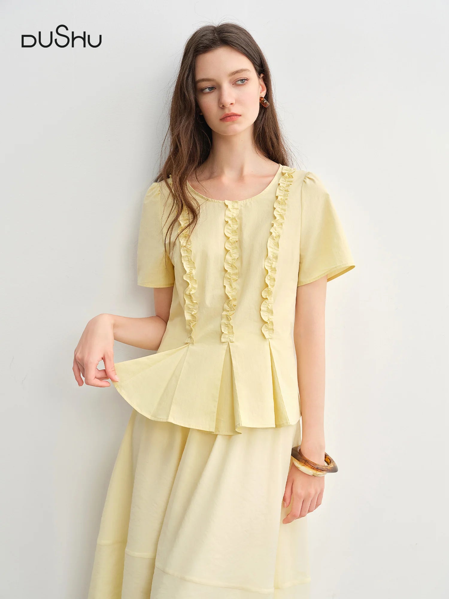DUSHU Plus Size Women Sweet Youthful 2025 New Model Pleated Waist-Defining Slimming Round Neck Shirt Tops 25DS82955