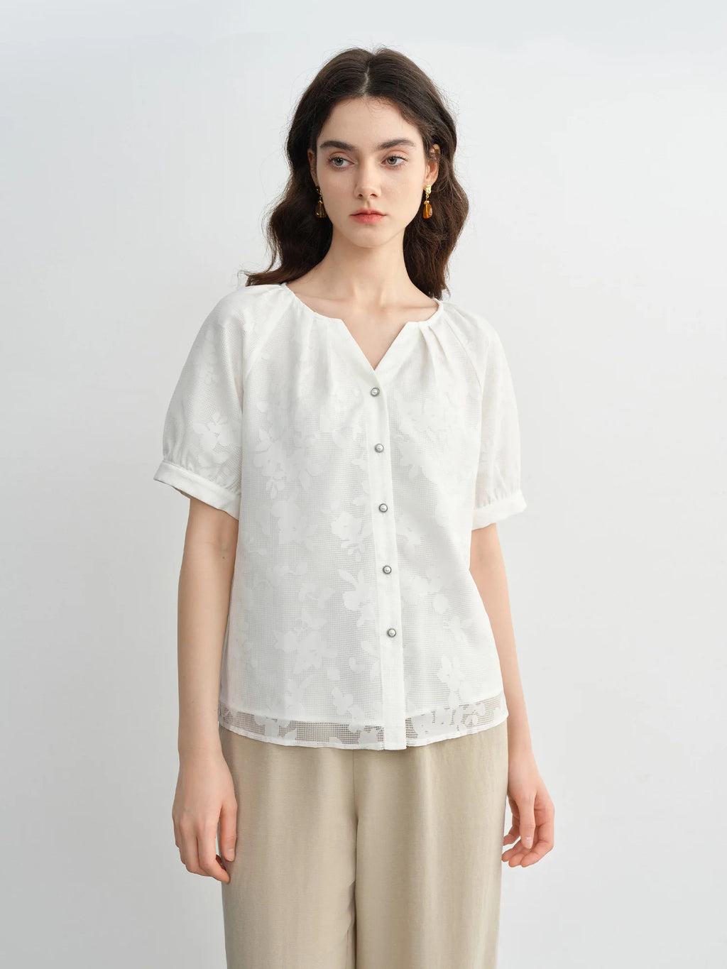 DUSHU 2025 Summer Women's Raglan Sleeve Shirt - Minimalist V-Neck Top with Breathable Cotton Blend for Office Chic Style