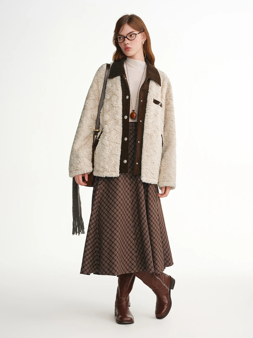 DUSHU 2025 Winter Plus Size Plaid A-Line Skirt Caramel Waffle Pattern High Waist Midi Casual Elegant Retro Skirt Casual Looks