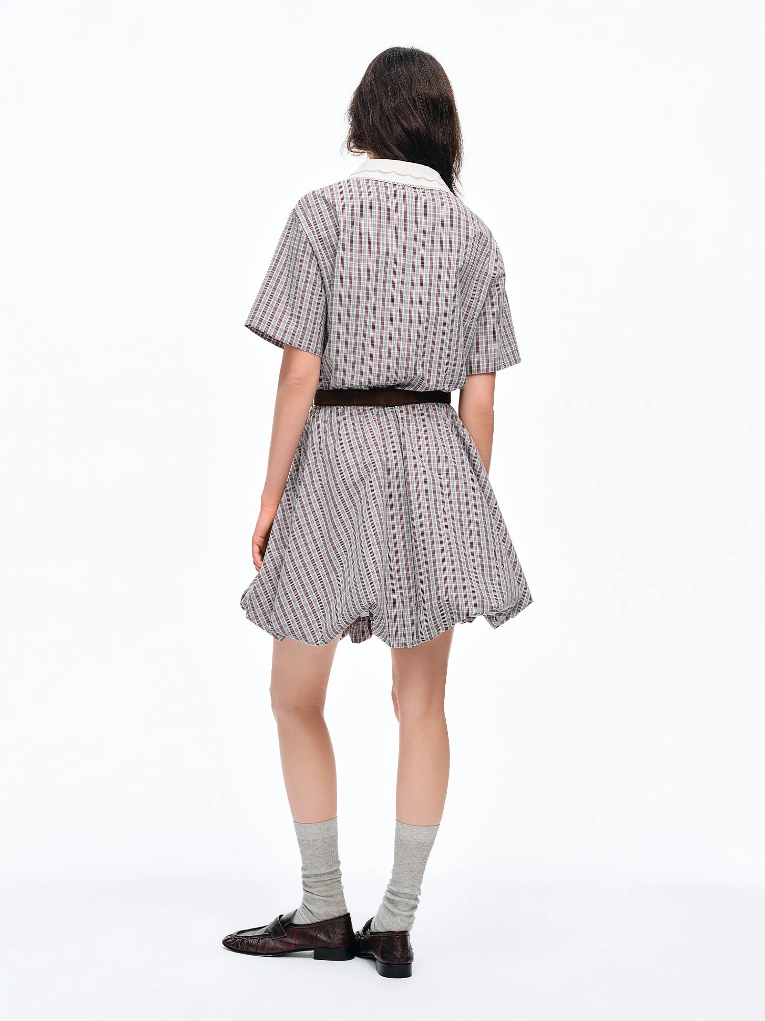 DUSHU Checkered Bold Color Contrast Preppy College Style Summer 2026 New Arrival Peter Pan Collar Cotton Contain Dress No Belt