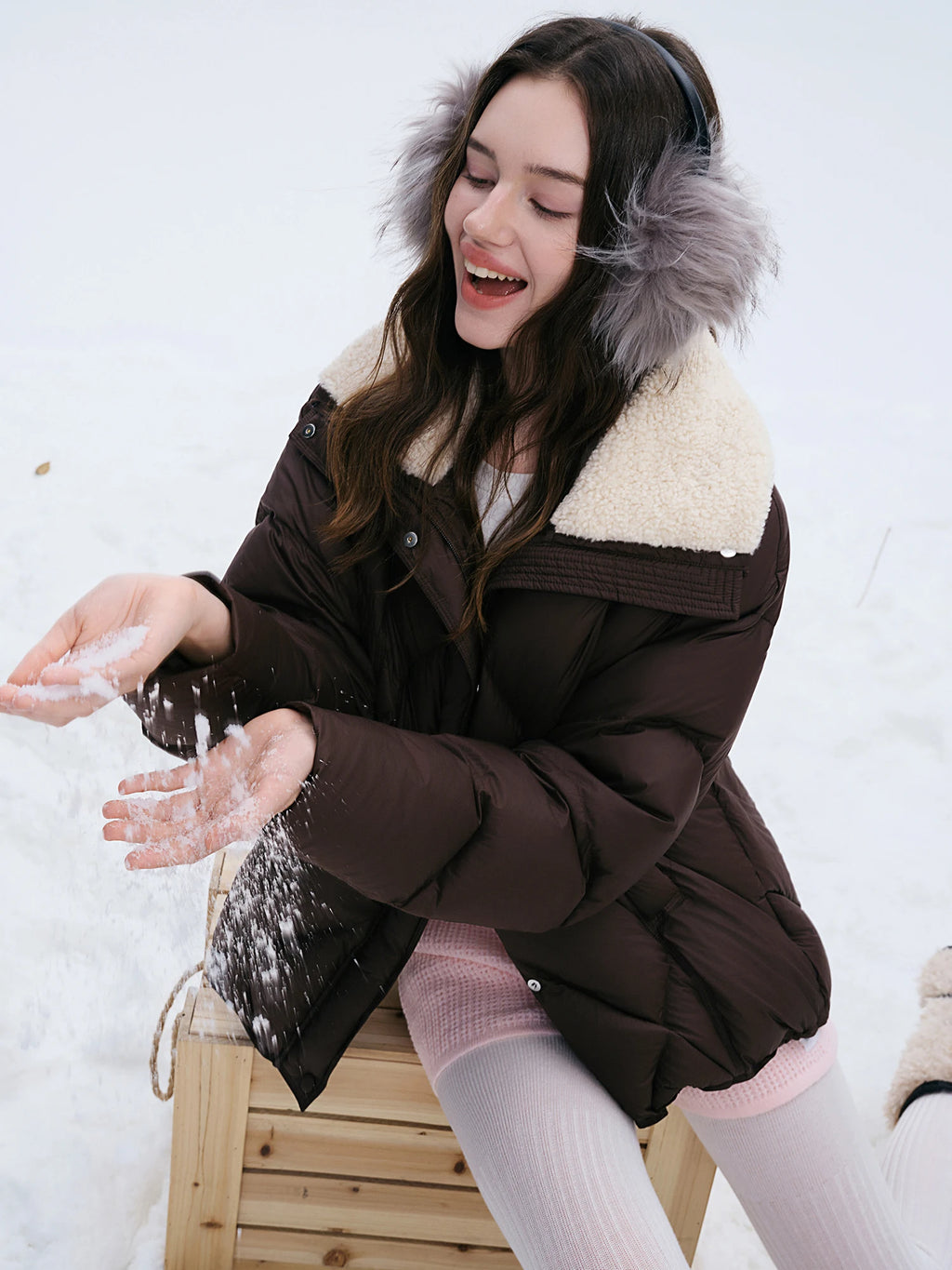 DUSHU Furry Lapel Quilted White Duck Down Coats Women Casual Daily Retro Simple Loose Short Warm Coat Contrast Color Girlish BF