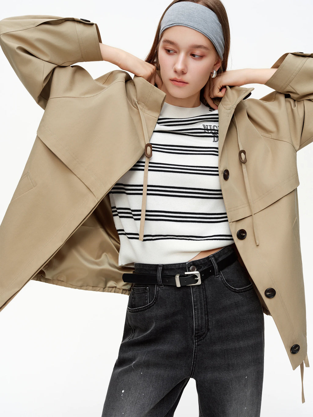 DUSHU Women's Casual Mid-length Khaki Trench Coat 2026 Spring Long Sleeve Elegant Outerwear Single-breasted Commuting