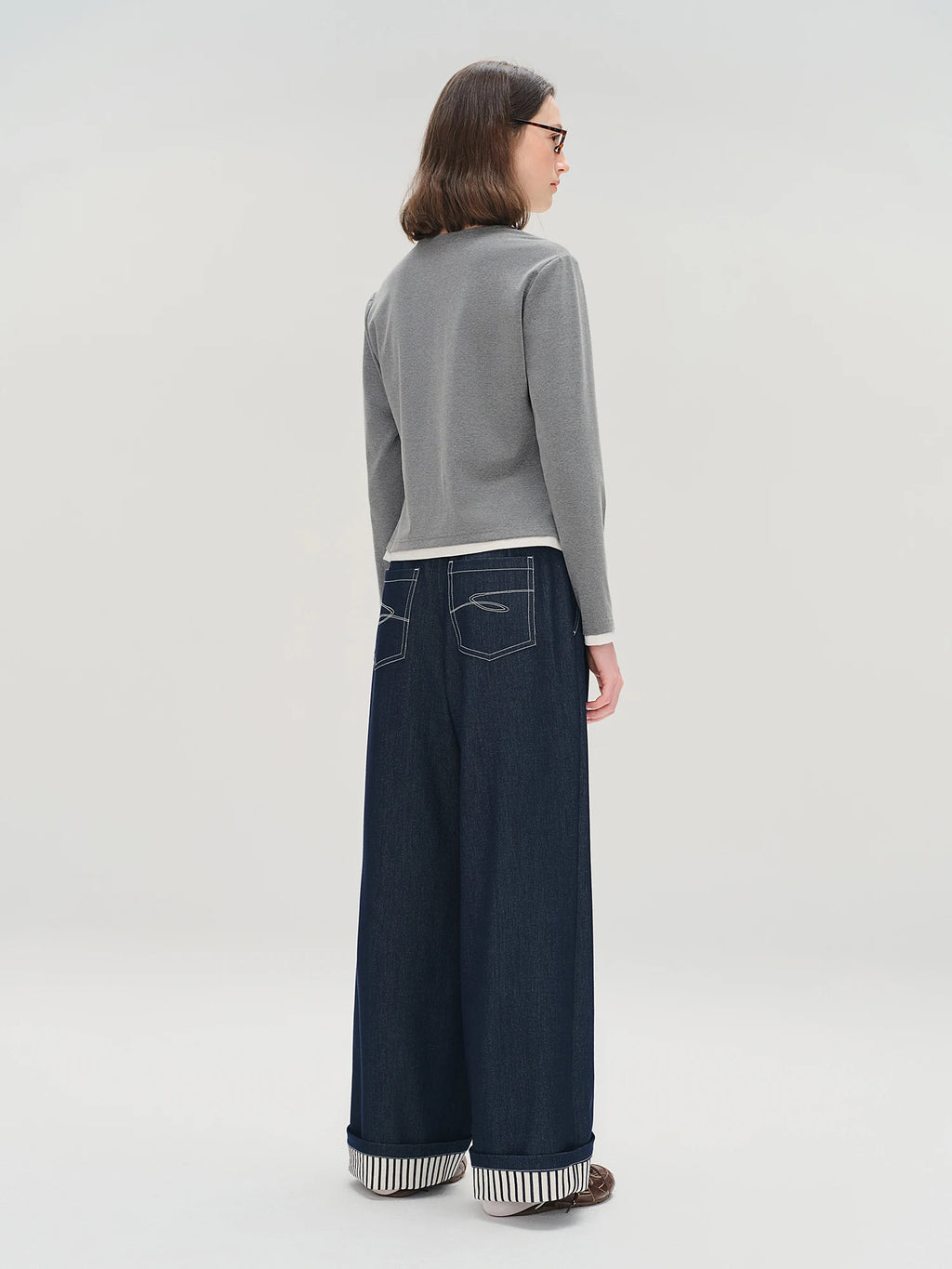 DUSHU Plus Size Women's Retro Rolled-Up Stripe Denim-Style Wide Leg Pants - Autumn 2025 Relaxed Fit Jeans