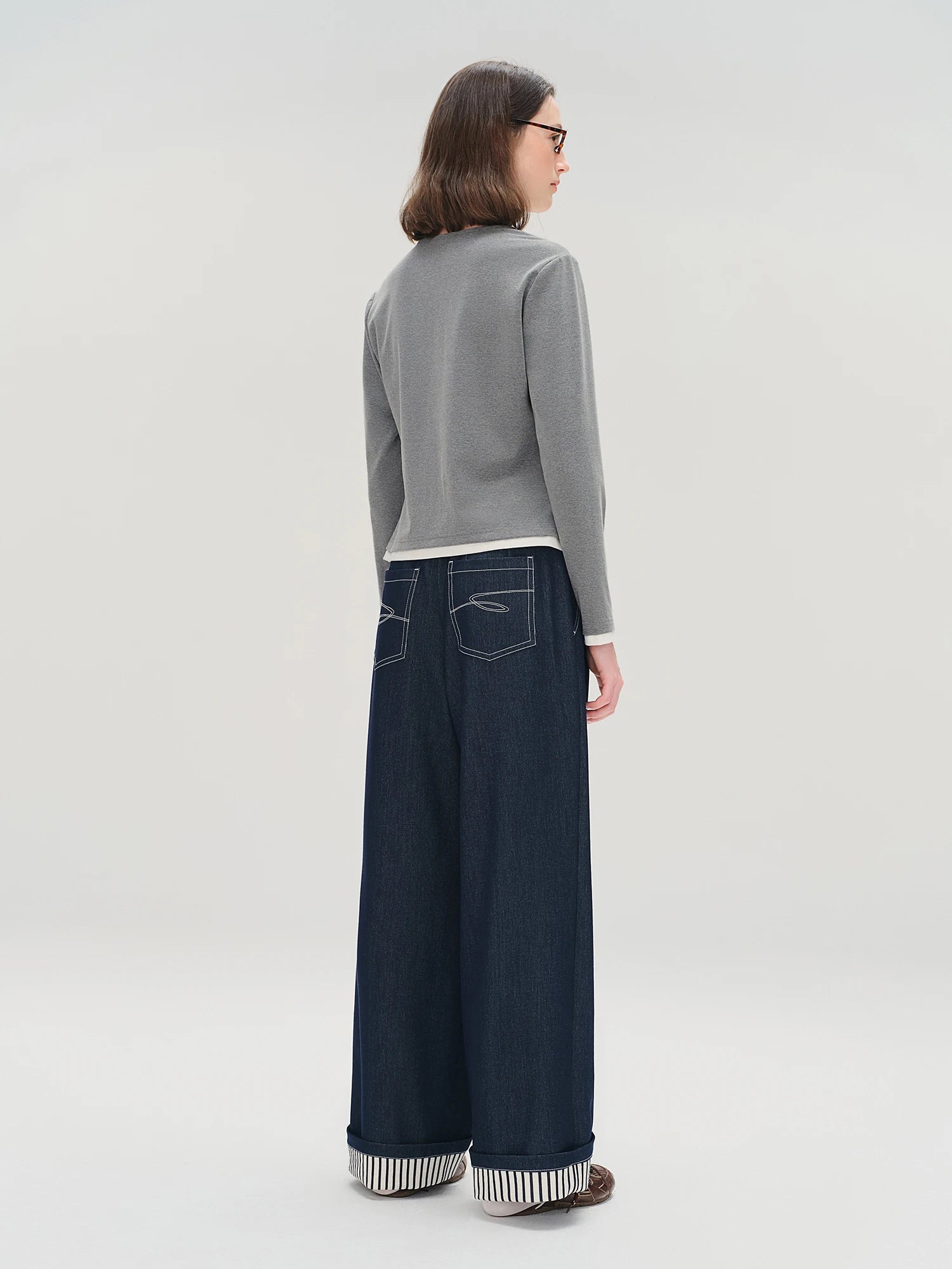 DUSHU Plus Size Women's Retro Rolled-Up Stripe Denim-Style Wide Leg Pants - Autumn 2025 Relaxed Fit Jeans