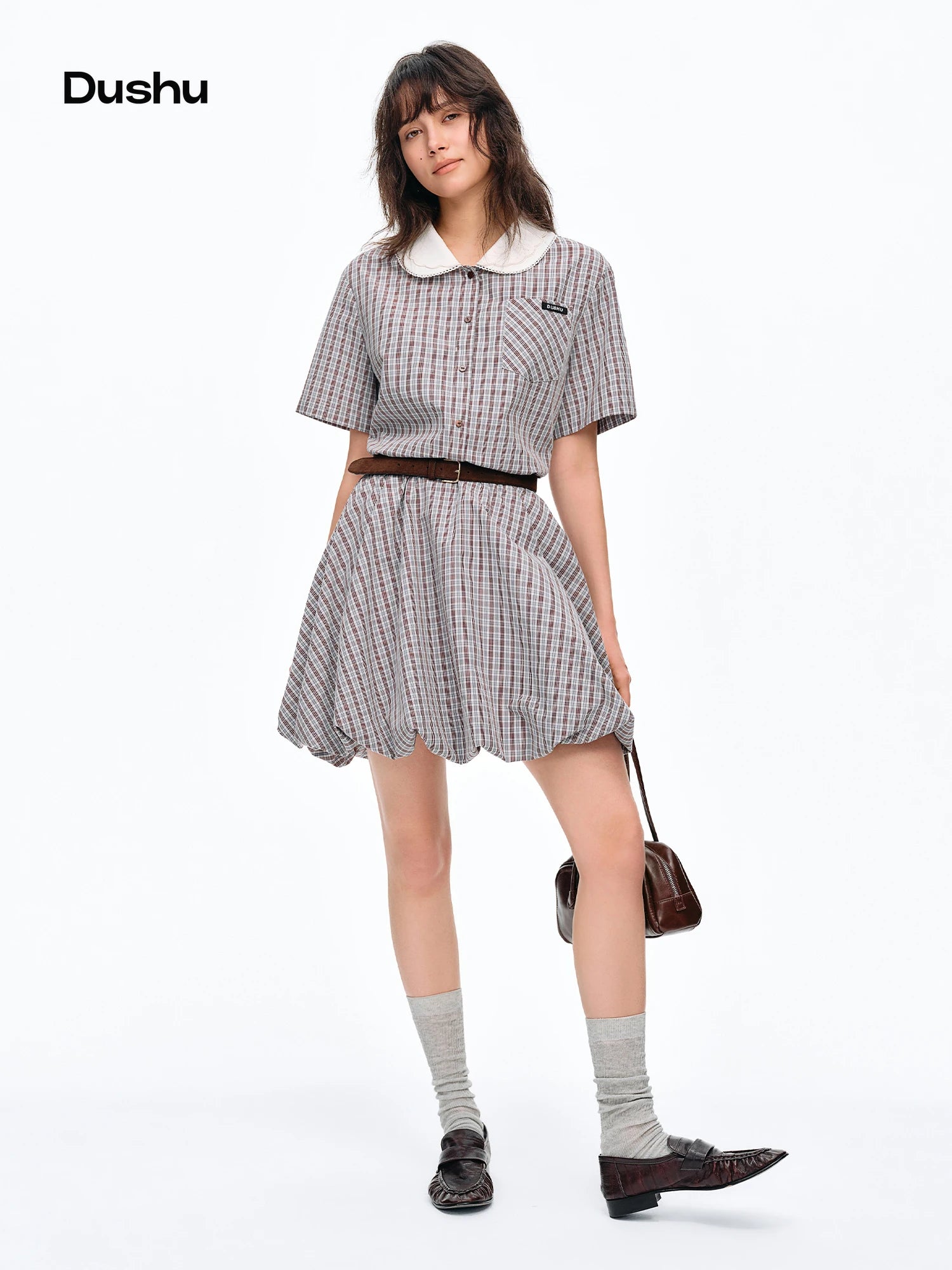 DUSHU Checkered Bold Color Contrast Preppy College Style Summer 2026 New Arrival Peter Pan Collar Cotton Contain Dress No Belt