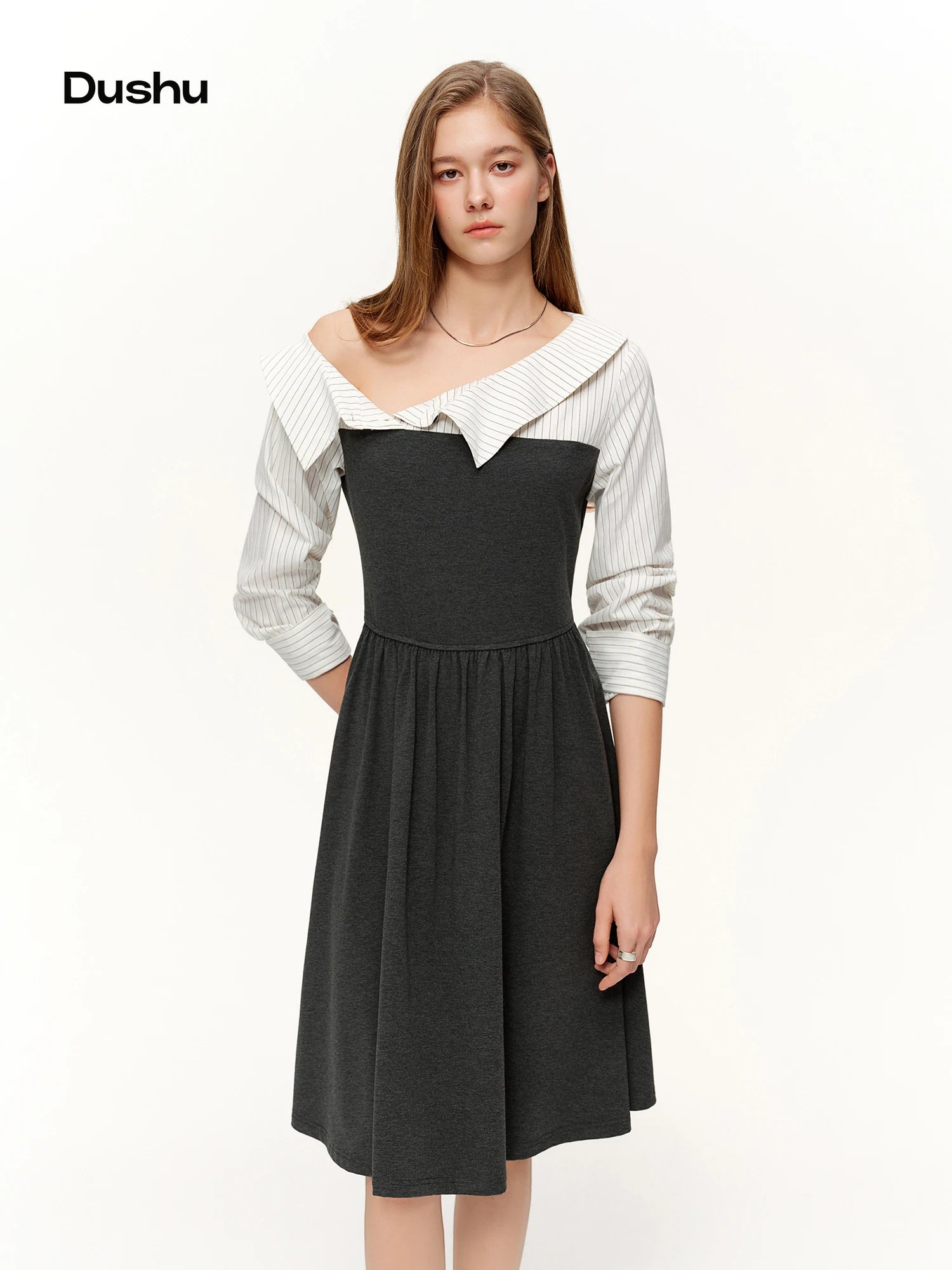 DUSHU Commuting Style U-Neck Stripe Dress 2026 Spring New Arrival Collection Two-Piece Illusion Asymmetric Hemline Design Dress