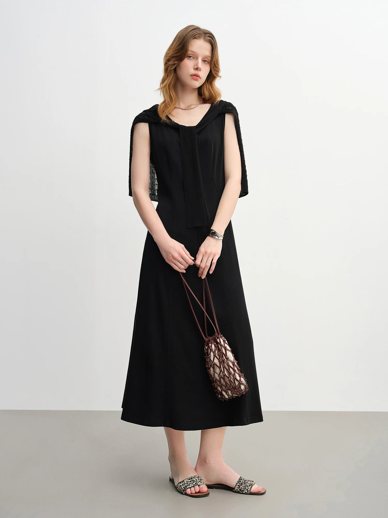 DUSHU Plus Size Women Black Dress Officelady 2025 Autumn New Black Dress Slim Skirt Sleeveless Long Dress 25DS83185+25DS83252