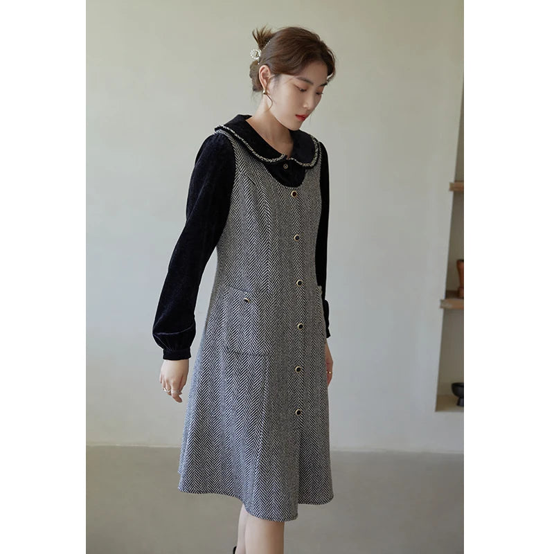 DUSHU Women's Retro Plaid U-neck Vest Skirt Pocket Design Button Placket Design Long Woolen A-line Dress Women Winter Dresses