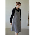 DUSHU Women's Retro Plaid U-neck Vest Skirt Pocket Design Button Placket Design Long Woolen A-line Dress Women Winter Dresses