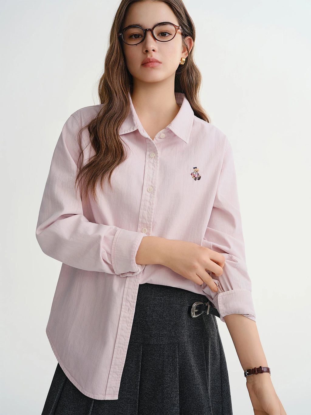 DUSHU Plus Size Women's Denim Shirt with Bear Embroidery American Retro Style Autumn Winter 2025 Slimming Fit Casual Top Blouse