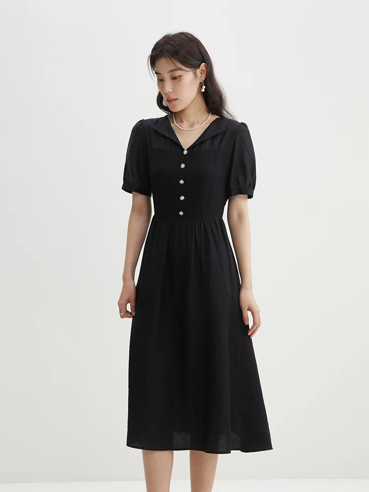 DUSHU Fake Two-piece Waist Up Dress 2024 Summer New Style Temperament V-neck Bubble Sleeves Yellow Black Women Dress 24DS82134