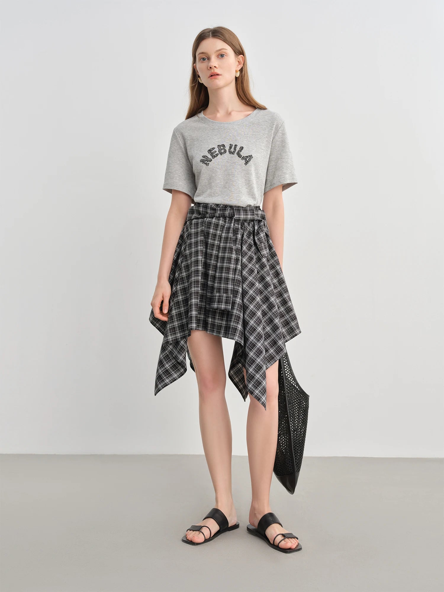 DUSHU Plus-Size Women's Vintage Black & White Color Clash Empire-Waisted A-Line Skirt - Summer 2025 New Arrival 25DS82773