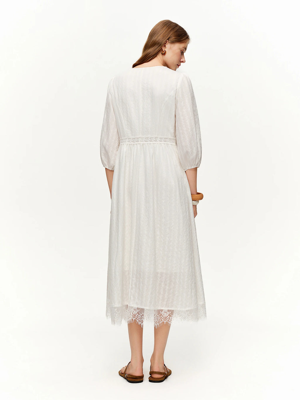 DUSHU 2026 Spring Women's Lace Panel V-Neck A-Line Dress - Flattering Slim Fit Office Commute Mid-Length Elegant Dress