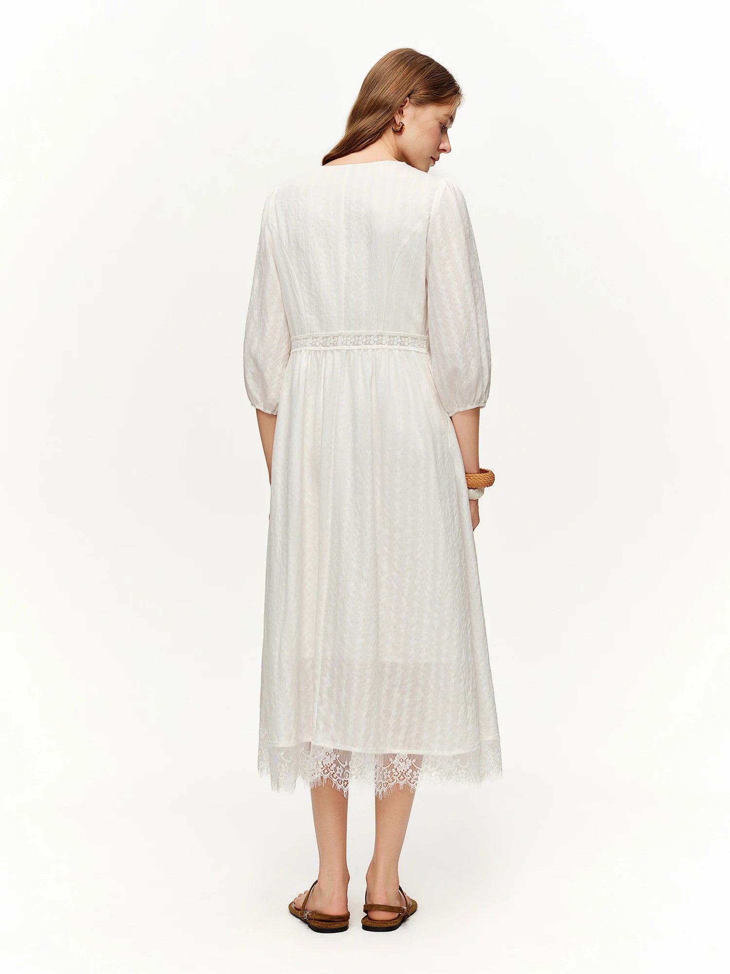DUSHU 2026 Spring Women's Lace Panel V-Neck A-Line Dress - Flattering Slim Fit Office Commute Mid-Length Elegant Dress