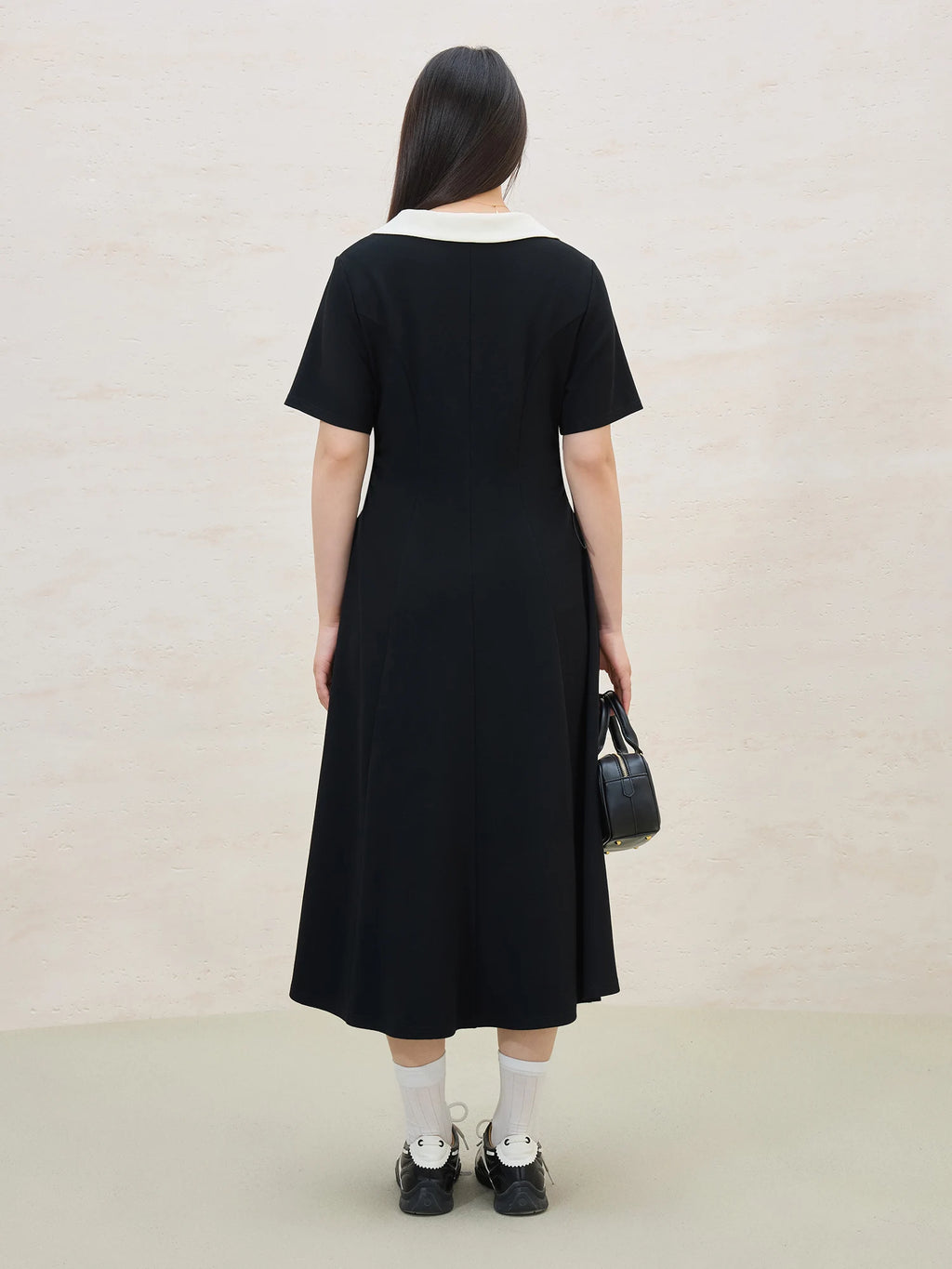 DUSHU 2025 Summer Plus Size Women's Color Block Collar Adjustable Waist Dress - Slimming Black Casual Polo-Inspired Maxi Outfit