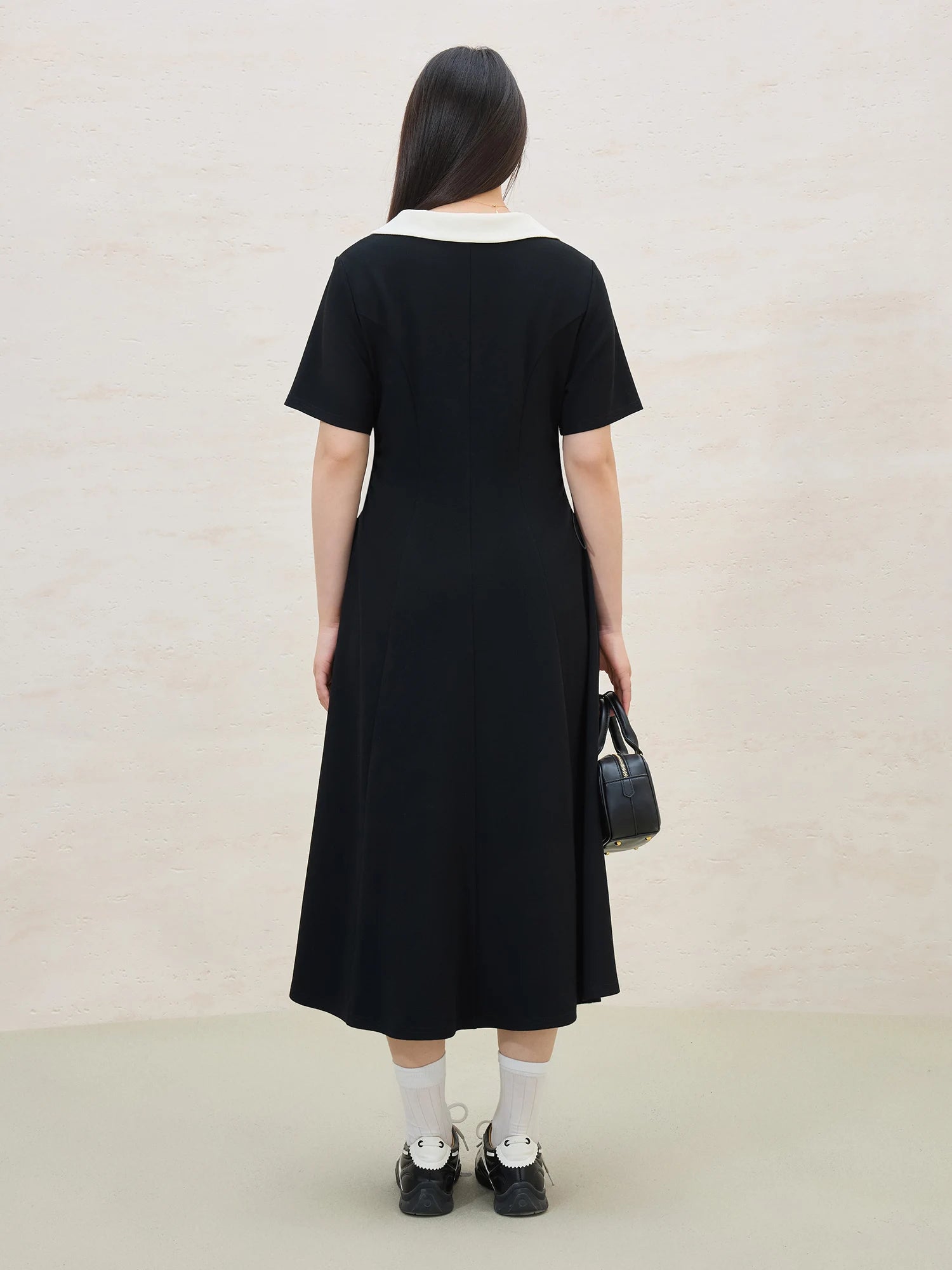 DUSHU 2025 Summer Plus Size Women's Color Block Collar Adjustable Waist Dress - Slimming Black Casual Polo-Inspired Maxi Outfit