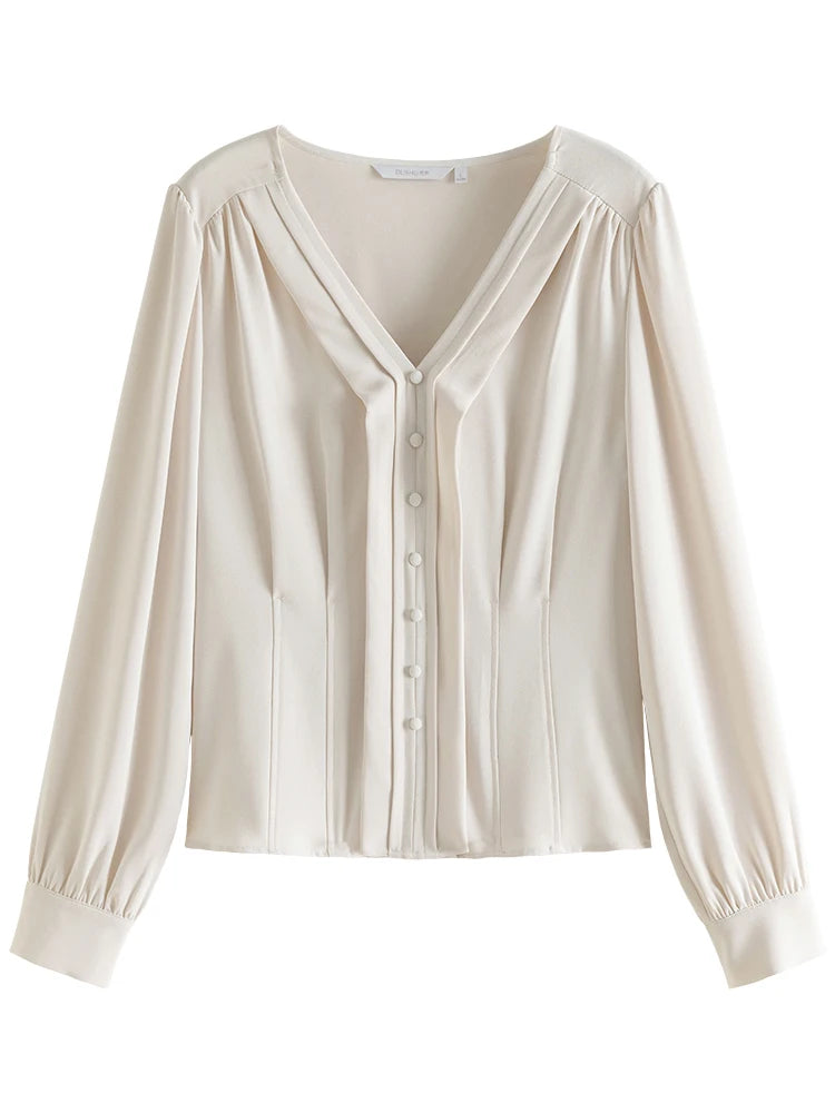 DUSHU V-neck High Luxury Commuter Shirt Autumn 2023 New Slim Womem Tops For Women Light Yellow Blue Women Shirt For Women