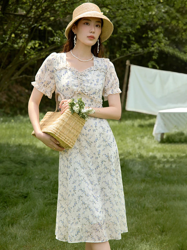 DUSHU Floral Long Dress Summer Women Elegant Cotton Print Dresses Boho V-Neck Casual A-LINE Dress 24DS82471+24DS82438