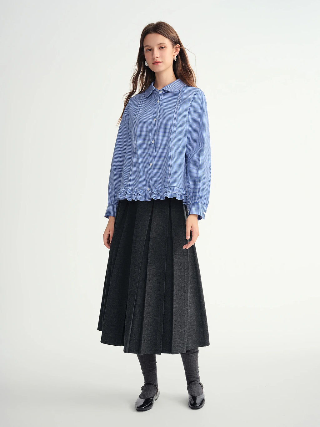DUSHU Plus-size Women Clothing 【Sweet Tea Girl】 Striped Gathered Wooden Ear neckline and hem Babydoll Dress 2025 Winter Shirt