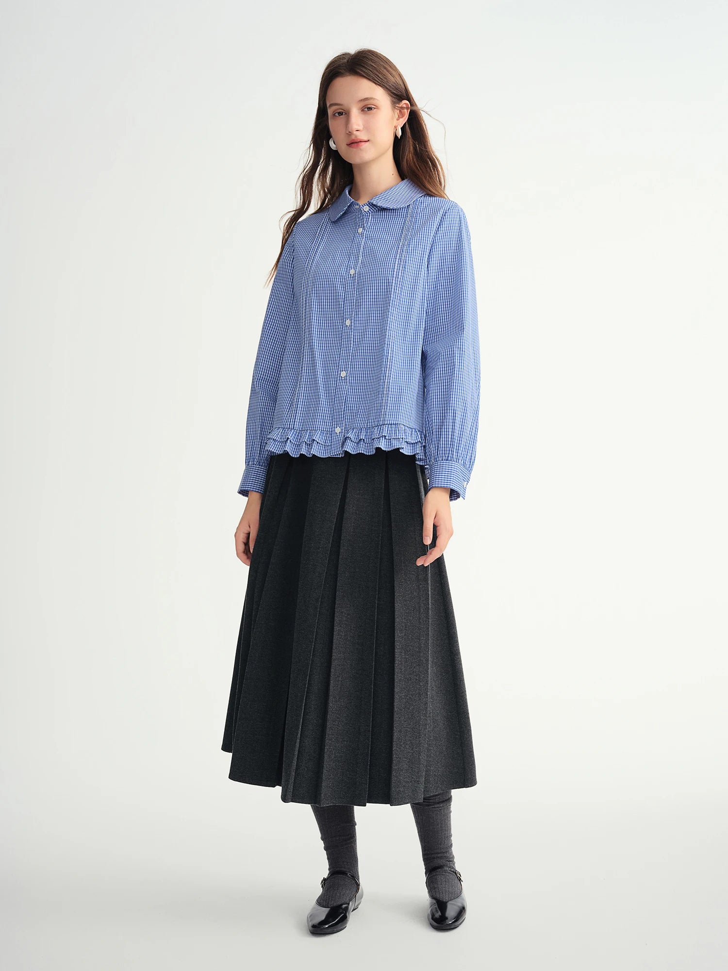 DUSHU Plus-size Women Clothing 【Sweet Tea Girl】 Striped Gathered Wooden Ear neckline and hem Babydoll Dress 2025 Winter Shirt