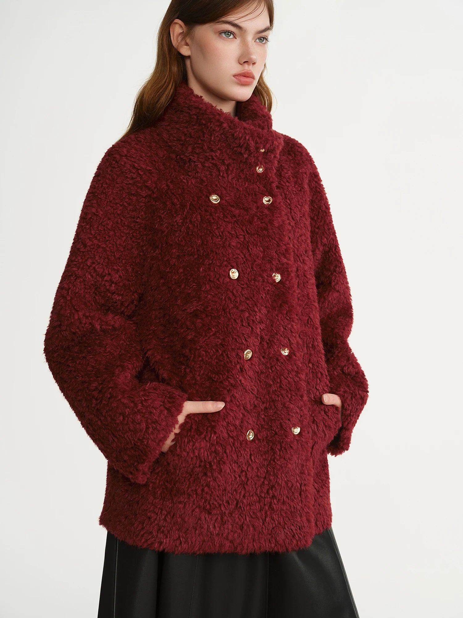 DUSHU Plus Size Burgundy Faux Fur Thick Coat Red New Year Outfit Winter Warm Top Vintage Daily Loose Temperament Stylish