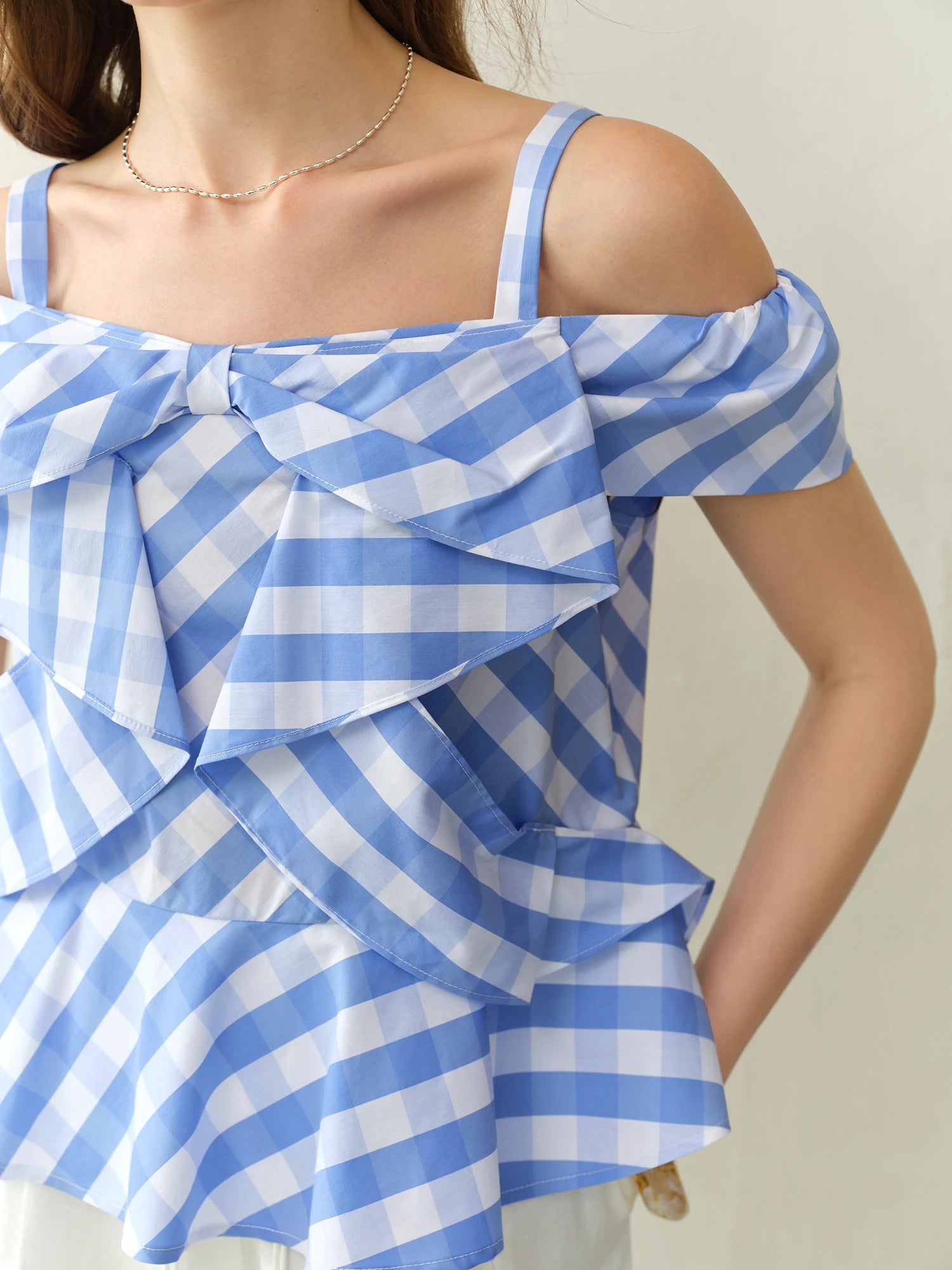 DUSHU 2025 Summer Women's Asymmetric Checkered Blouse - Slim-Fit Geometric Print & Relaxed Casual Chic 25DS82394