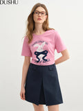 DUSHU Plus-size Women 2035 Summer New Style Tees Pixel Rabbit Print Short-sleeve T-shirt with Handmade Bow Ribbon Tees 25DS82361