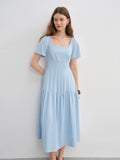 DUSHU Romantic Simple Dress 2025 Summer Dress Sky Blue Temperament Waist Slimming Dress 25DS82844