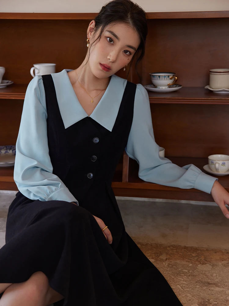 DUSHU Color Contrast Fake Two Pieces Vintage Dress For Women Autumn Winter 2022 Deep Red Black Women Solid Casual Dress