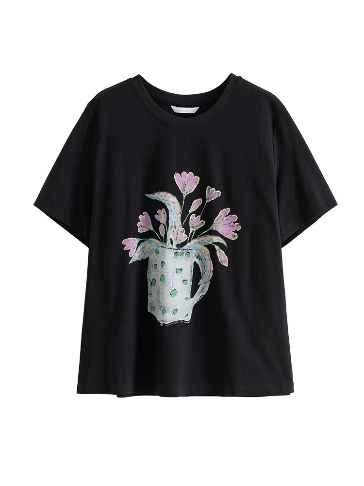 DUSHU Women T-Shirts Simple Printed T-shirt for Women Summer Short Sleeve Tees Round Neck Pink T-Shirt for Women