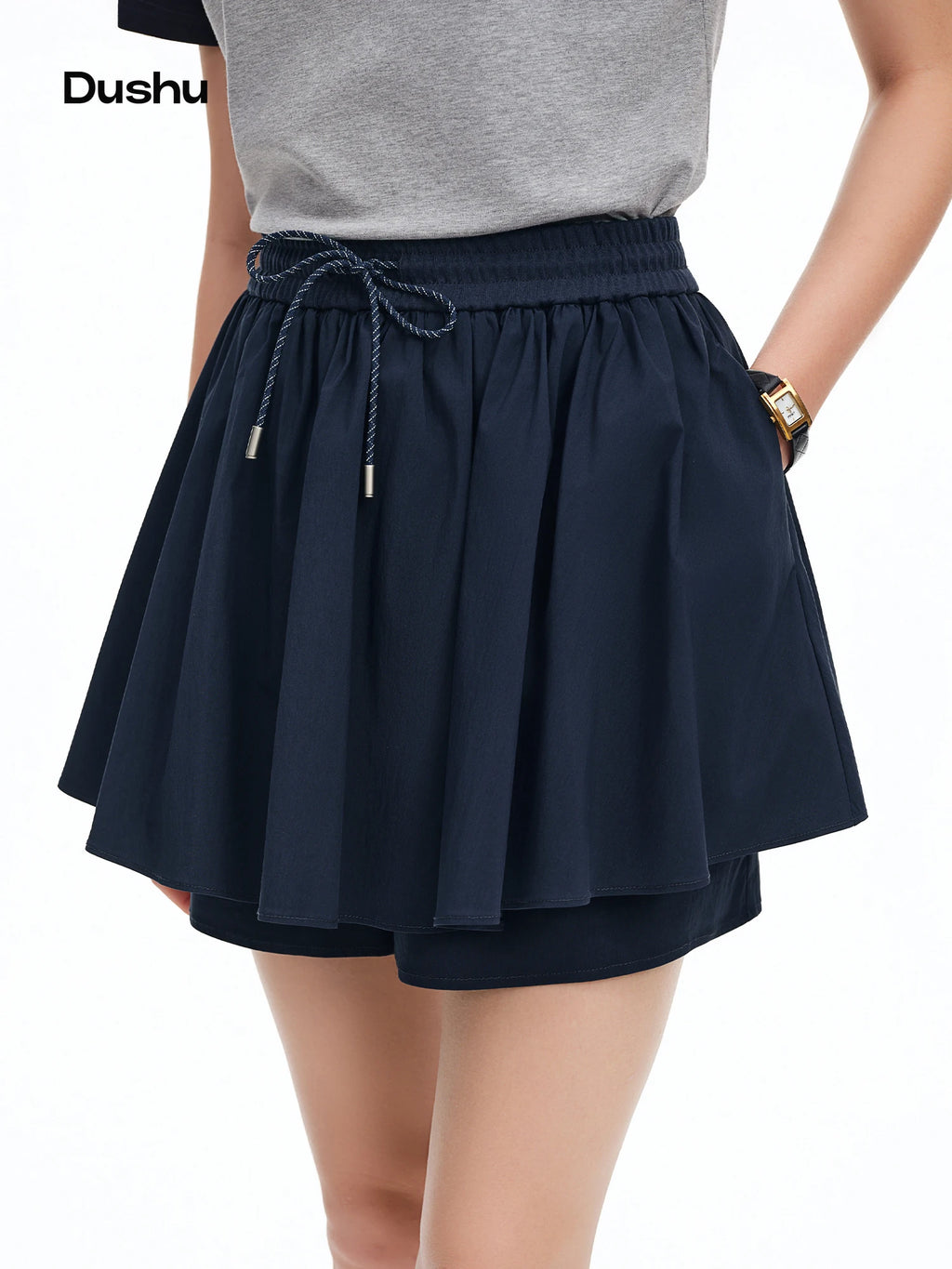 DUSHU Drawstring Pleated White Mini Skirt for Women 2026 Summer Fresh Preppy Style Simple Youthful Trendy Chic Korean