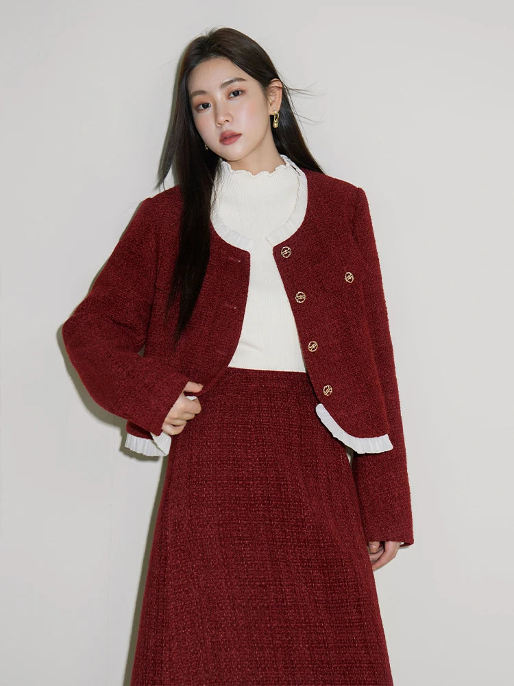 DUSHU Fashion Set Winter 2023 New Red Half Skirt Two Piece Set For Women High Waist Women Red Set Casual Loose Office Lady