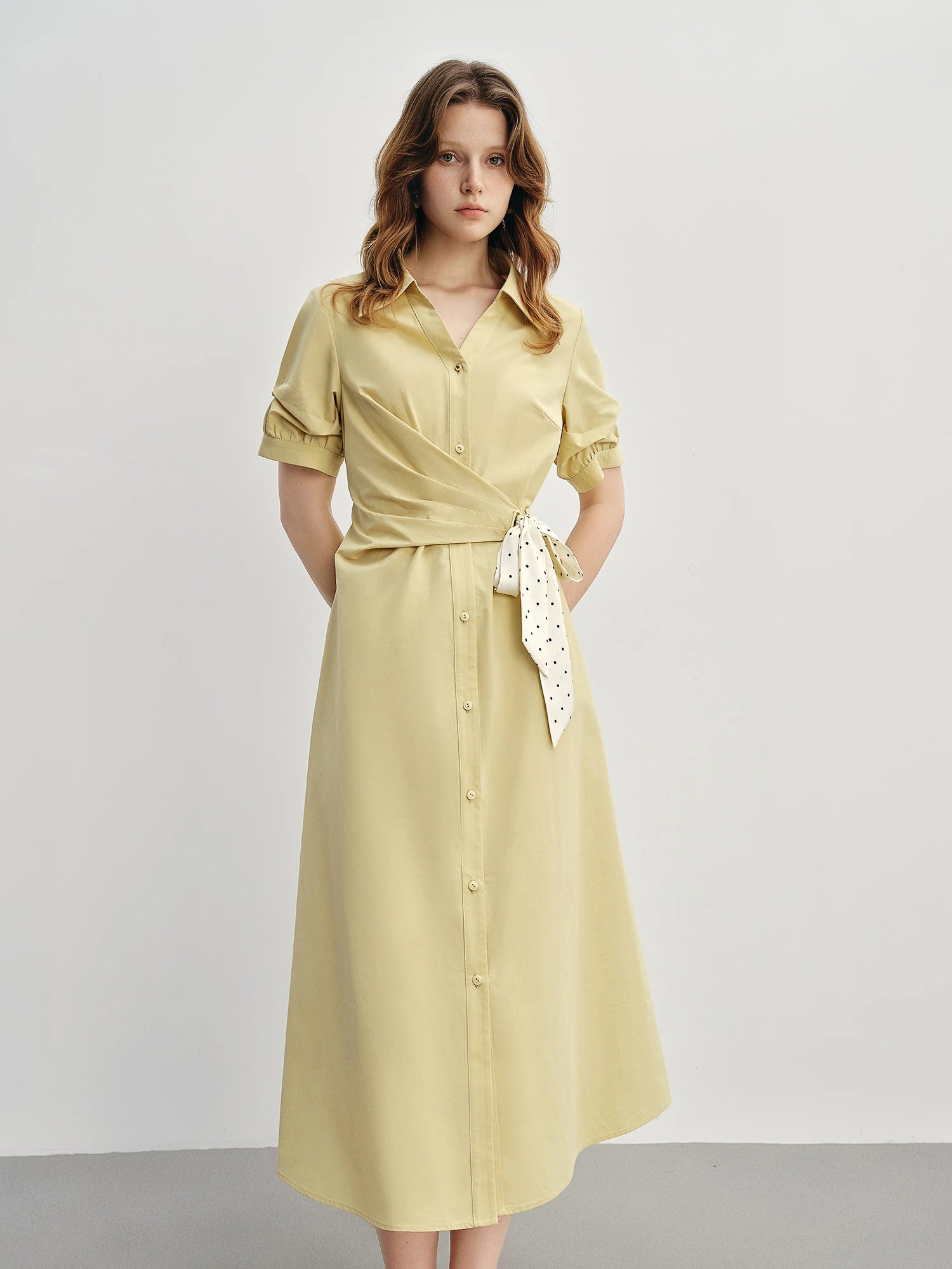 DUSHU Women's Daily Commuting Tie Shirt Dress 2025 New High Waist Slimming A-line V-neck Long Dress with Ribbon 25DS82970