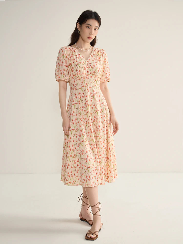 DUSHU Floral Long Dress Summer Women Elegant Cotton Print Dresses Boho V-Neck Casual A-LINE Dress 24DS82471+24DS82438