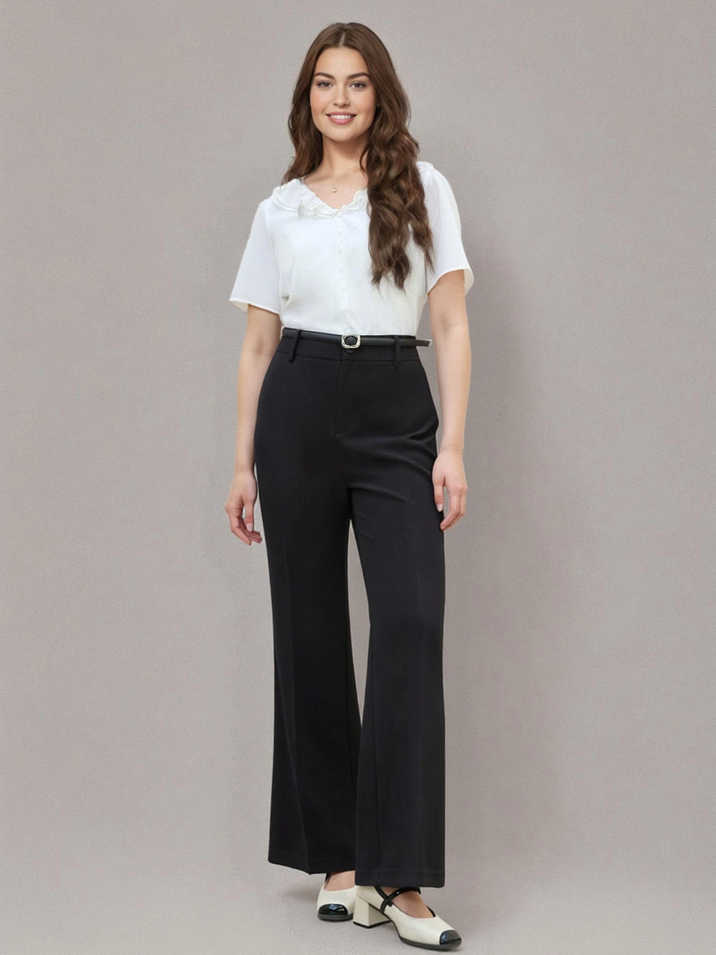 DUSHU Office Lady Black Boot Cut Pant 2025 Summer New High Waist Commuter Women Polyester Casual Trousers 25DS82089