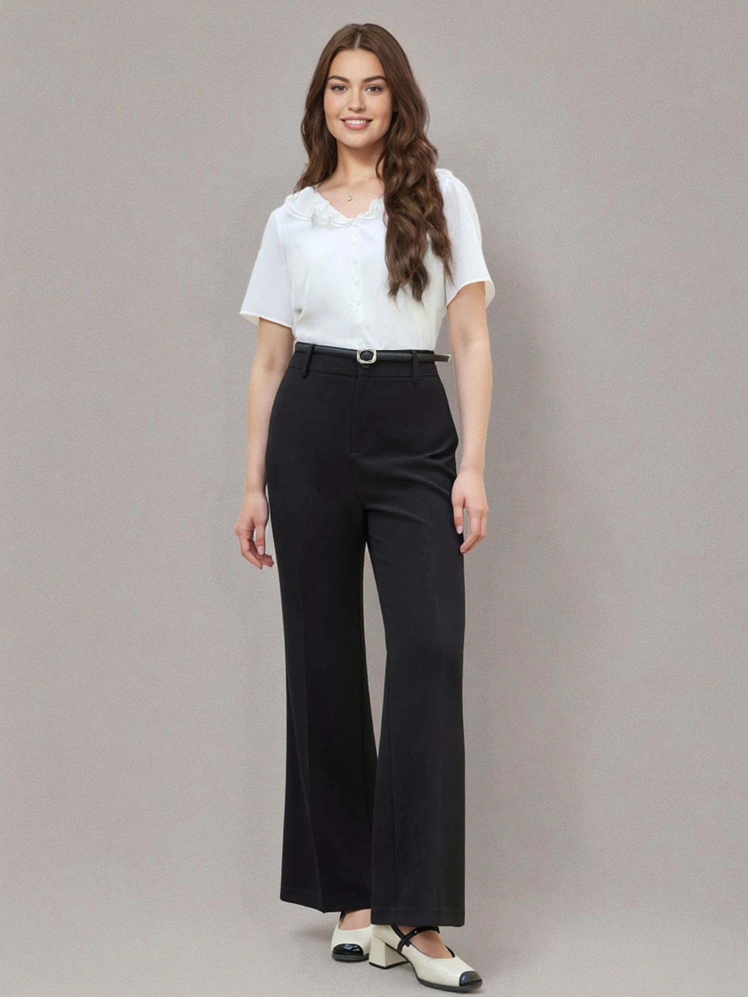 DUSHU Office Lady Black Boot Cut Pant 2025 Summer New High Waist Commuter Women Polyester Casual Trousers 25DS82089