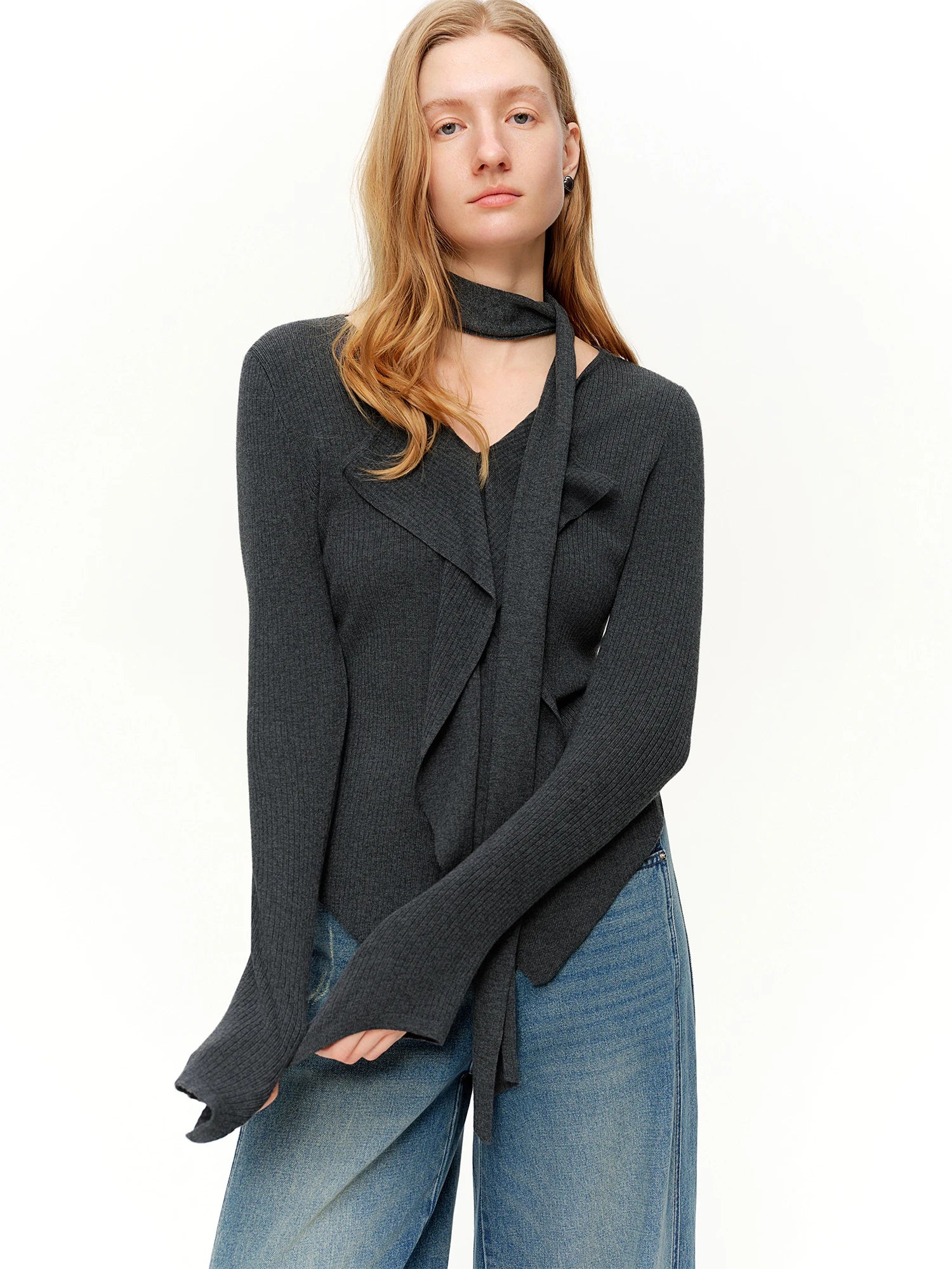 DUSHU 2026 New Spring Women's Ribbon Tie V-Neck Knit Sweater, Lazy Loose Fit Basic Pullover, Y2K Retro Daily Elegant Plus Top