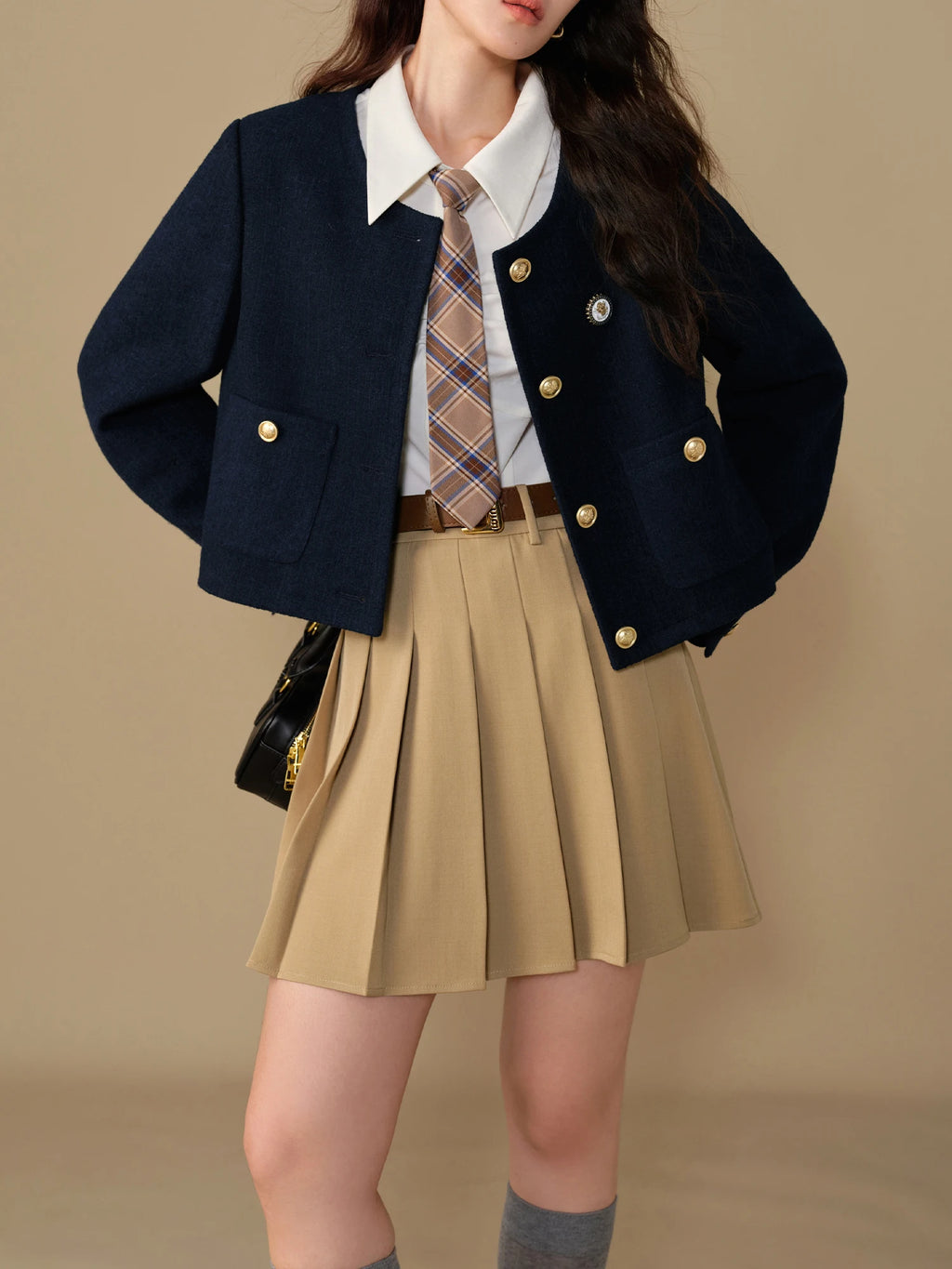 DUSHU Women Red Tweed Jackets Round Neck Single Breasted Winter New Navy Blue Female Winter Thicken Tweed Coats 24DS84286