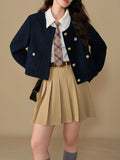 DUSHU Women Red Tweed Jackets Round Neck Single Breasted Winter New Navy Blue Female Winter Thicken Tweed Coats 24DS84286