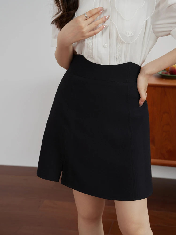 DUSHU Simple High Waist Slit Skirt Temperament Black Twill Office Lady Summer A-LINE Skirts Back Elastic Waist Female Skirts