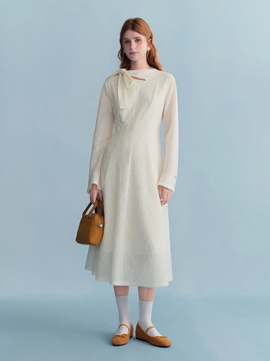 DUSHU Embossed Textured Ribbon Beige Dress Women Plump Temperament Mid-calf French Style Long Sleeve Elegant Commuting Solid
