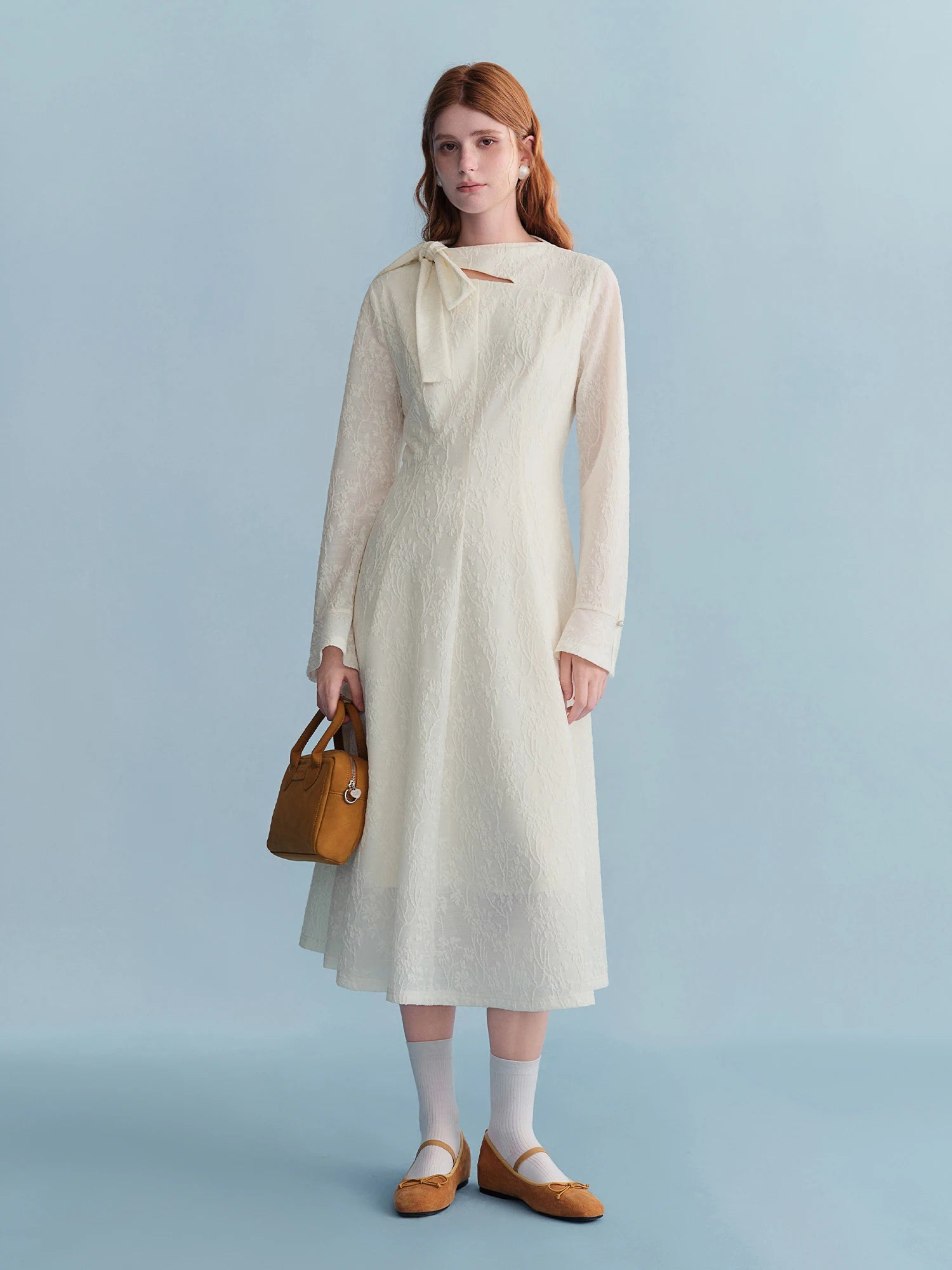 DUSHU Embossed Textured Ribbon Beige Dress Women Plump Temperament Mid-calf French Style Long Sleeve Elegant Commuting Solid