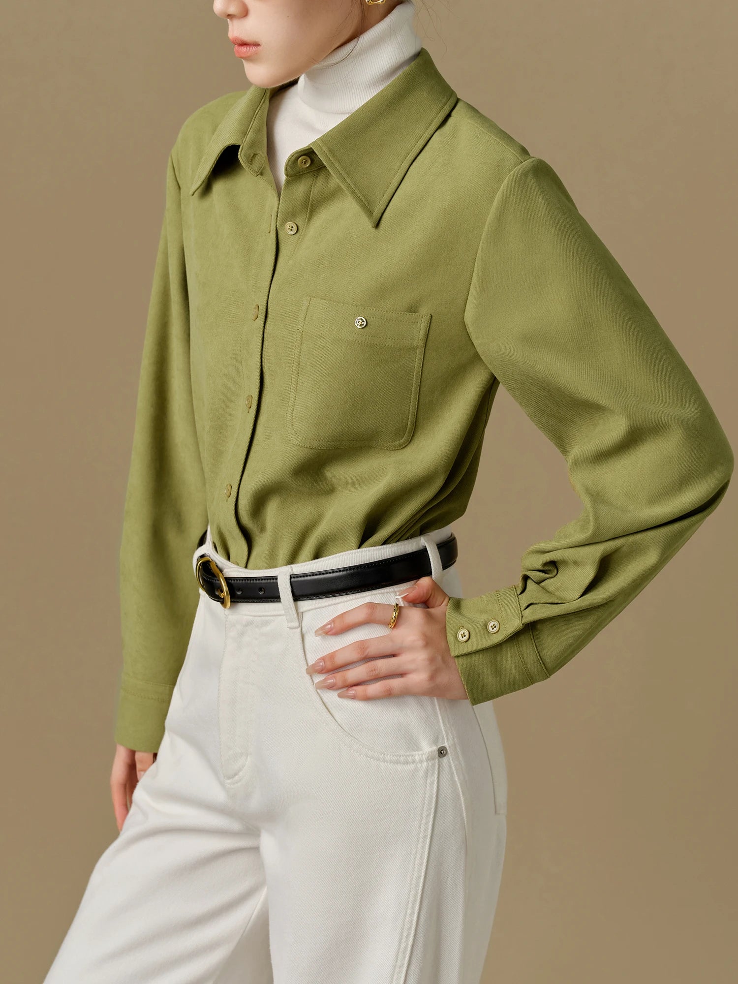 DUSHU【3 Colors】Women Winter Thicken Blouses Polo Neck Front Shoulder Long Sleeve Shirt Tops Flannel Simple Shirt Coat 24DS84451