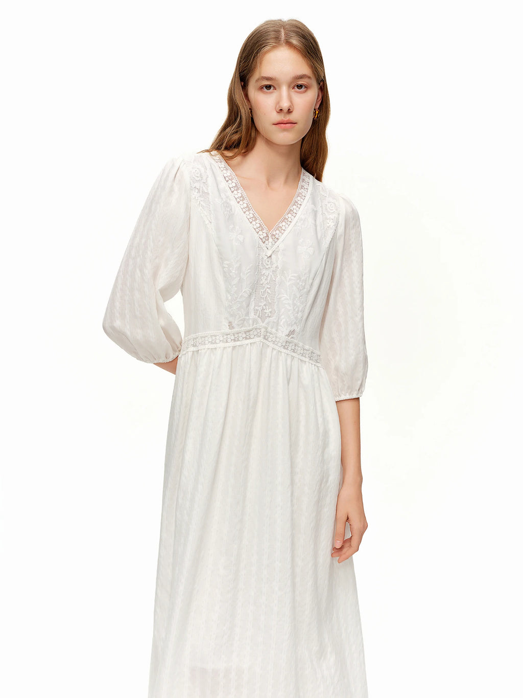 DUSHU 2026 Spring Women's Lace Panel V-Neck A-Line Dress - Flattering Slim Fit Office Commute Mid-Length Elegant Dress